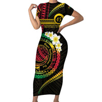 Vanuatu Independence Day Family Matching Short Sleeve Bodycon Dress and Hawaiian Shirt Yumi 45th Hapi Indipendens Dei LT01 Mom's Dress Black - Polynesian Pride