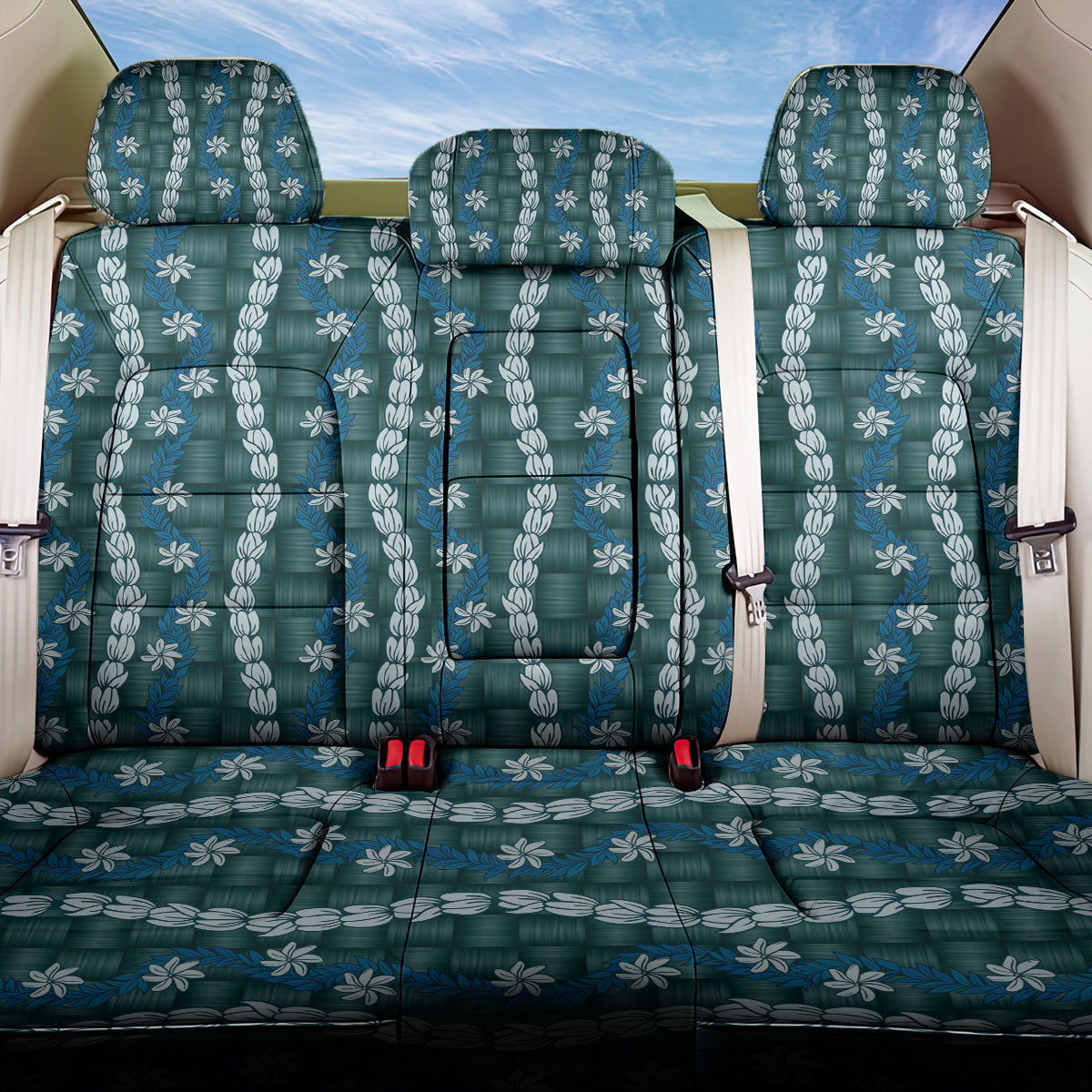 Pikake Maile Tiare Lei Back Car Seat Cover Polu Lauhala Pattern LT01 One Size Blue - Polynesian Pride