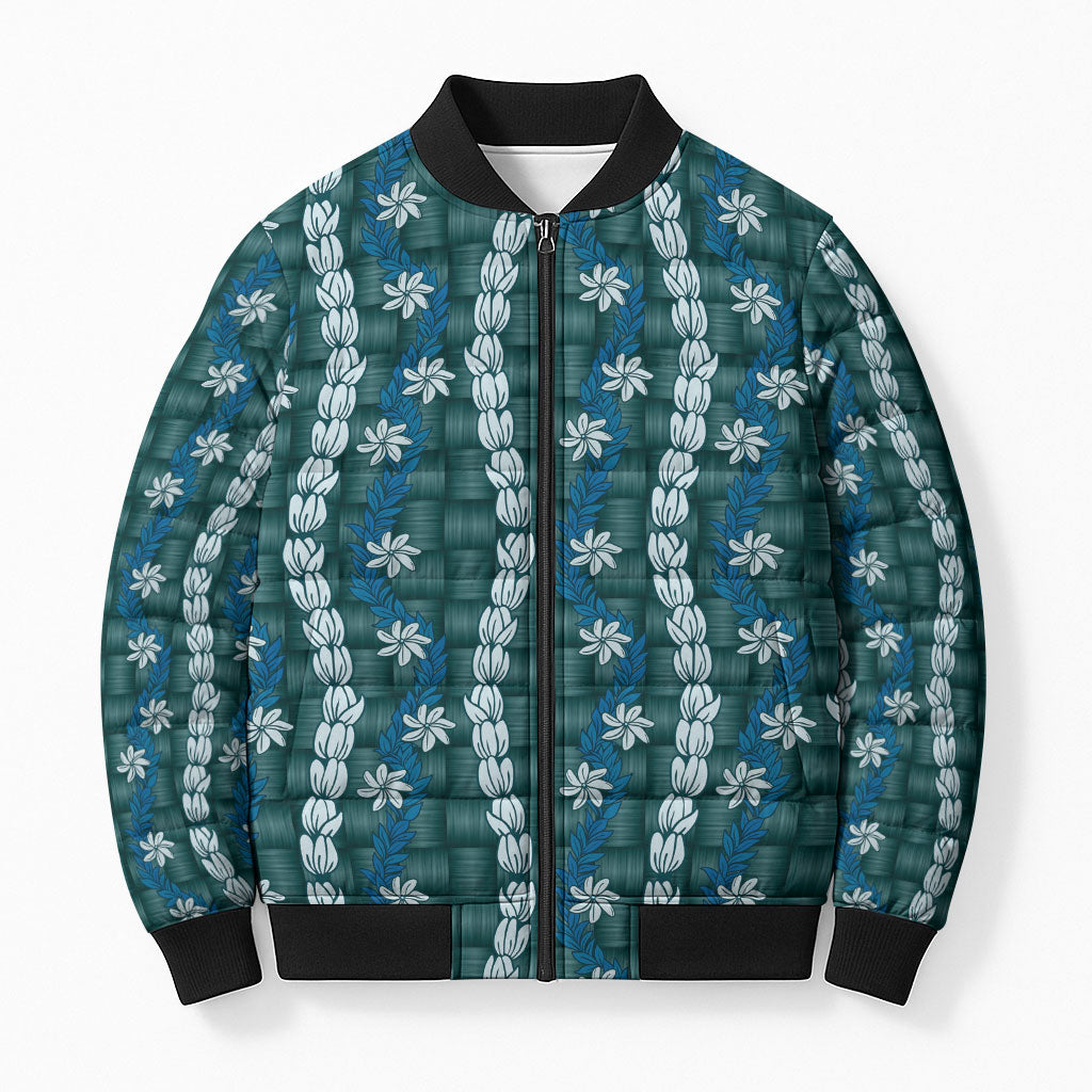 Pikake Maile Tiare Lei Bomber Puffer Jacket Polu Lauhala Pattern