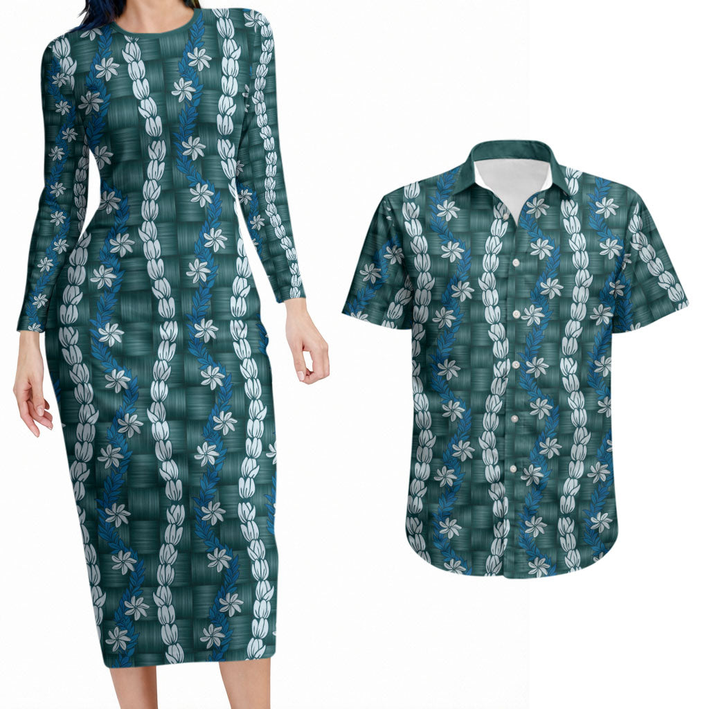 Pikake Maile Tiare Lei Couples Matching Long Sleeve Bodycon Dress and Hawaiian Shirt Polu Lauhala Pattern LT01 Blue - Polynesian Pride