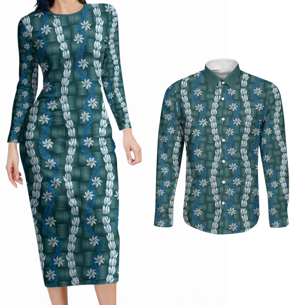 Pikake Maile Tiare Lei Couples Matching Long Sleeve Bodycon Dress and Long Sleeve Button Shirt Polu Lauhala Pattern LT01 Blue - Polynesian Pride