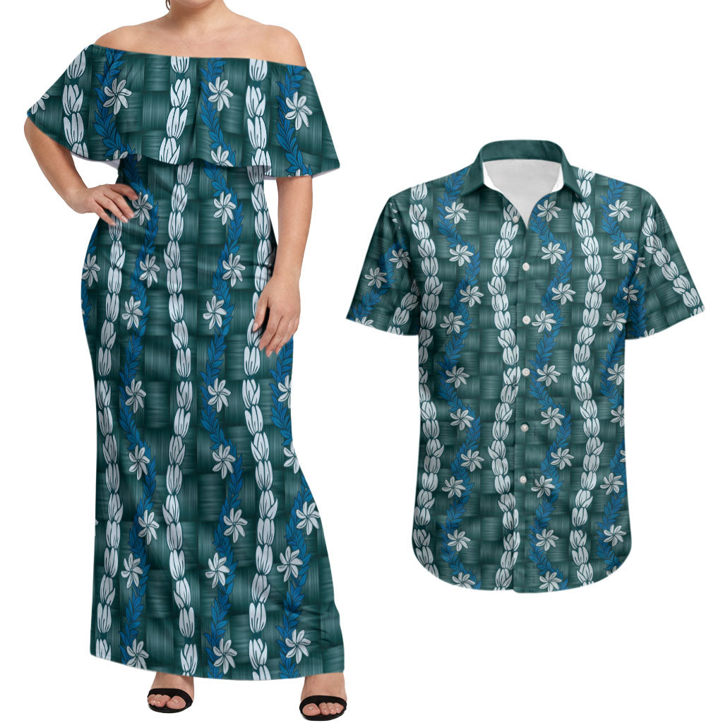 Pikake Maile Tiare Lei Couples Matching Off Shoulder Maxi Dress and Hawaiian Shirt Polu Lauhala Pattern LT01 Blue - Polynesian Pride
