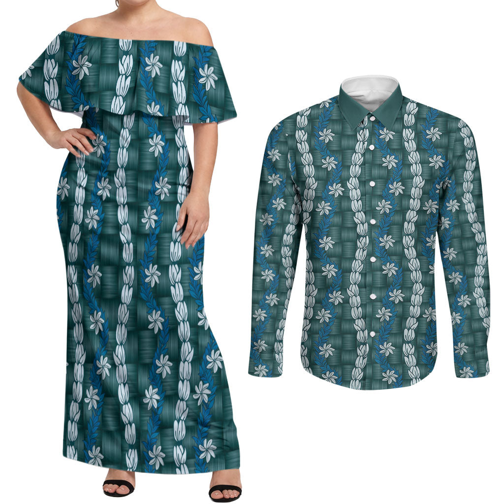 Pikake Maile Tiare Lei Couples Matching Off Shoulder Maxi Dress and Long Sleeve Button Shirt Polu Lauhala Pattern LT01 Blue - Polynesian Pride