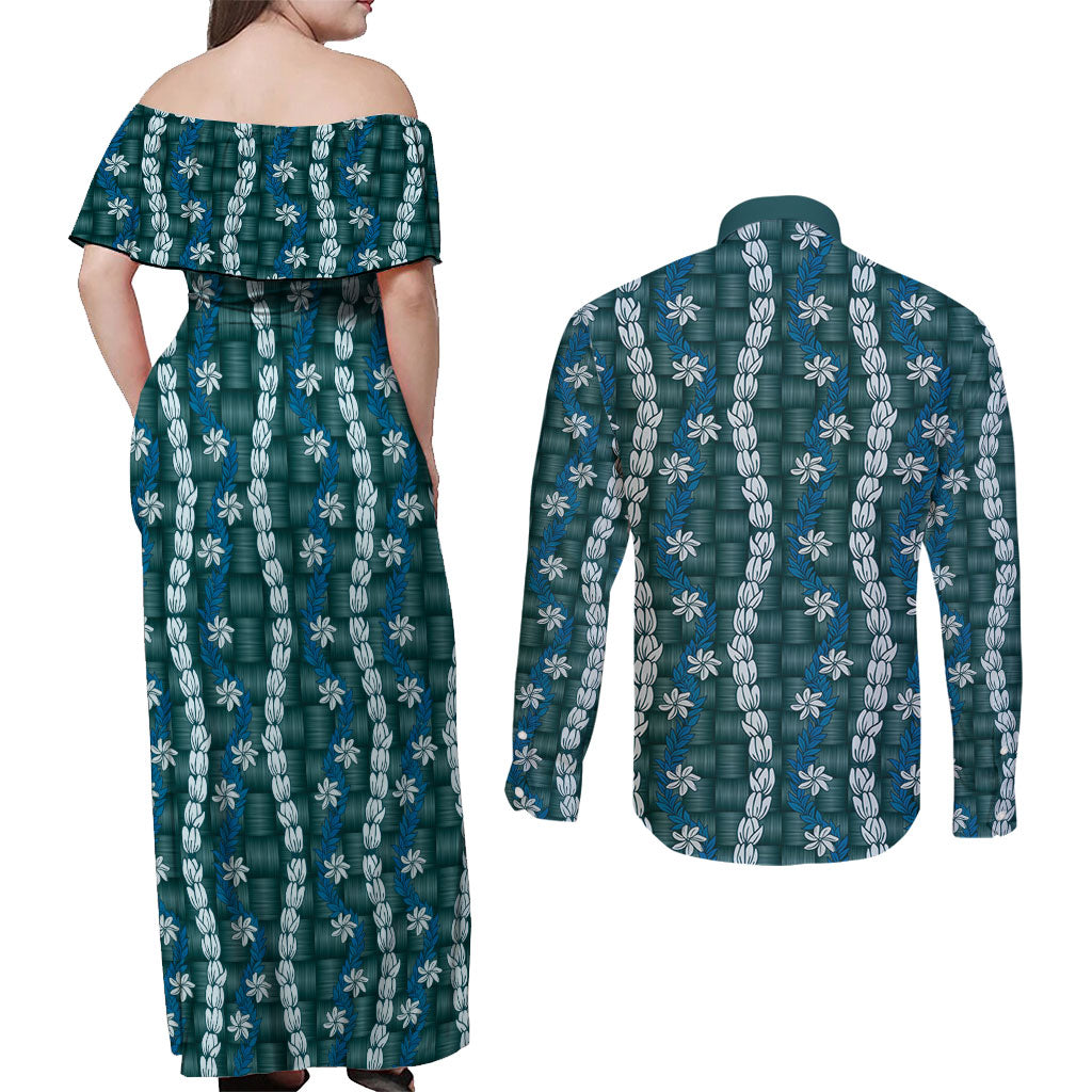 Pikake Maile Tiare Lei Couples Matching Off Shoulder Maxi Dress and Long Sleeve Button Shirt Polu Lauhala Pattern