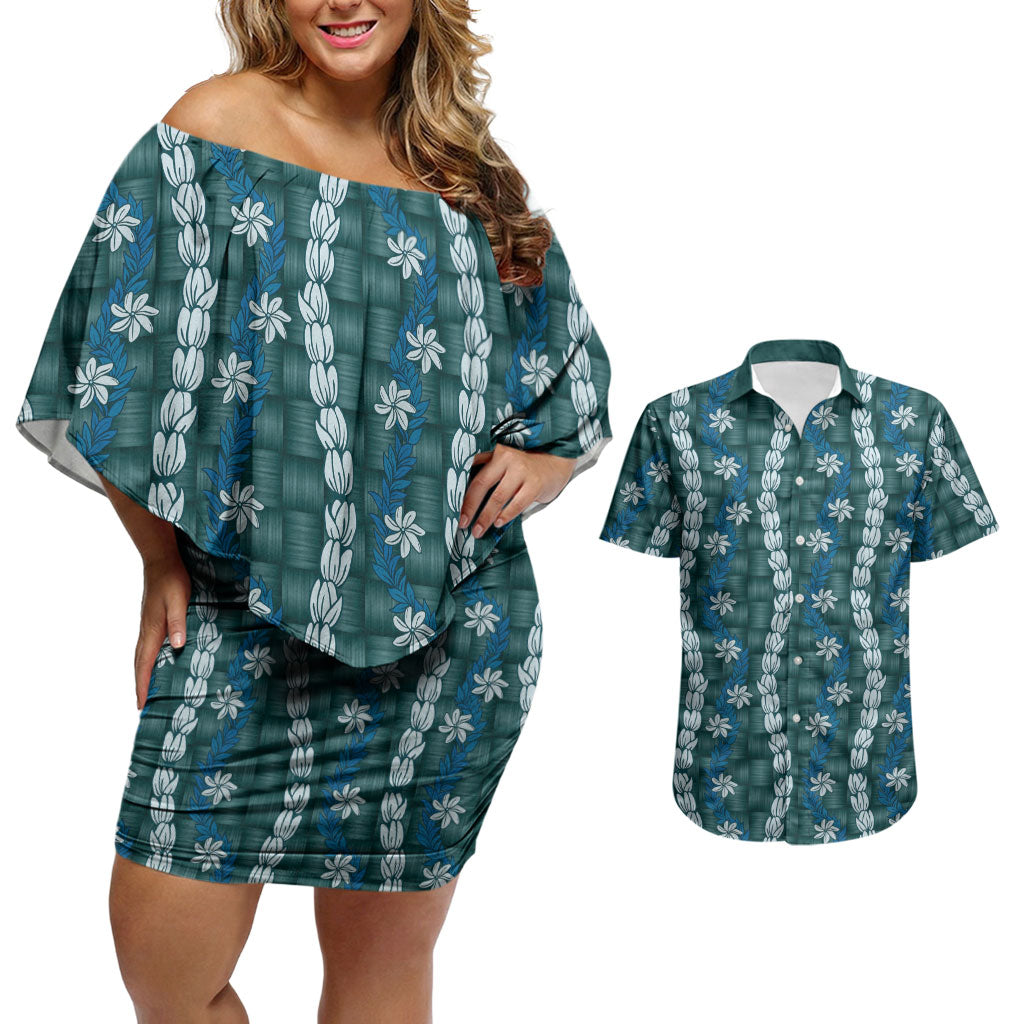 Pikake Maile Tiare Lei Couples Matching Off Shoulder Short Dress and Hawaiian Shirt Polu Lauhala Pattern LT01 Blue - Polynesian Pride