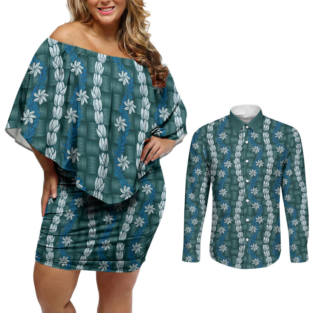 Pikake Maile Tiare Lei Couples Matching Off Shoulder Short Dress and Long Sleeve Button Shirt Polu Lauhala Pattern LT01 Blue - Polynesian Pride