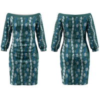 Pikake Maile Tiare Lei Couples Matching Off The Shoulder Long Sleeve Dress and Long Sleeve Button Shirt Polu Lauhala Pattern LT01 - Polynesian Pride