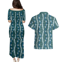Pikake Maile Tiare Lei Couples Matching Puletasi and Hawaiian Shirt Polu Lauhala Pattern