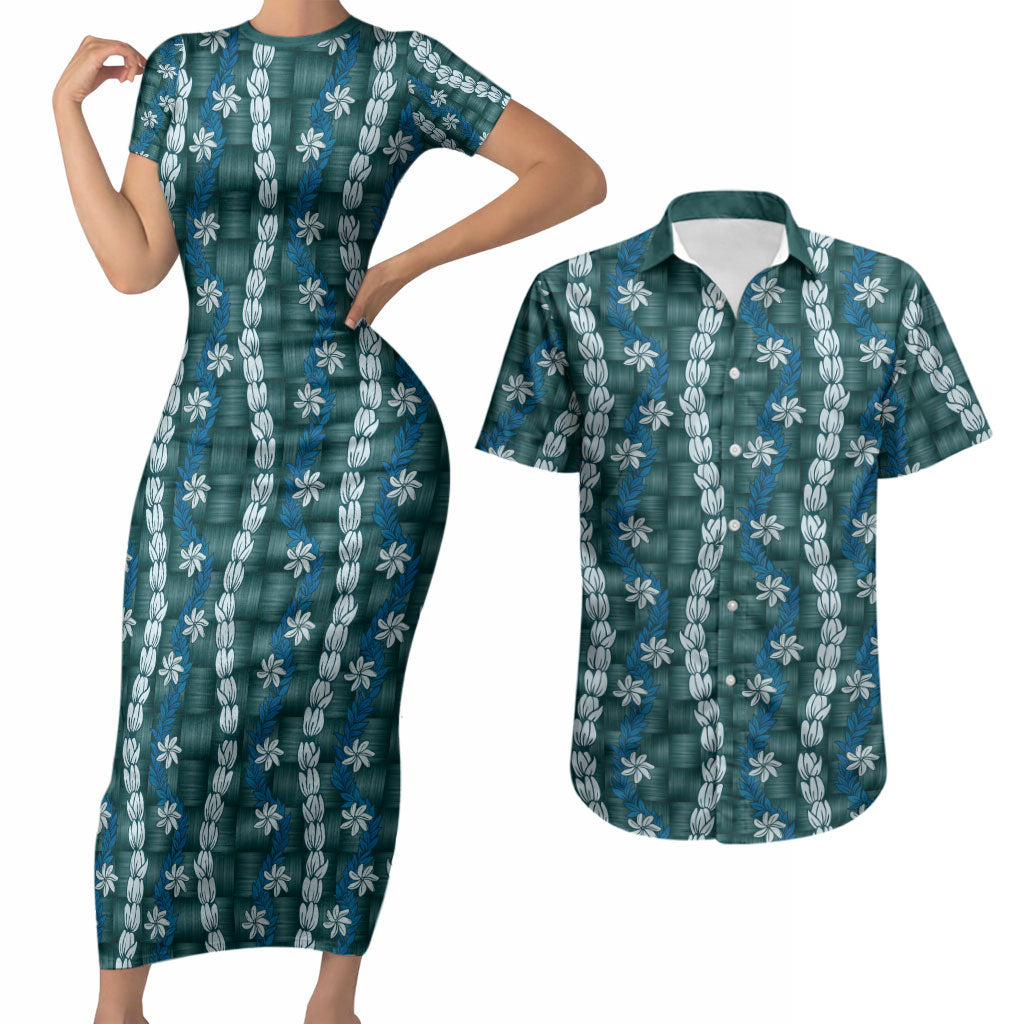 Pikake Maile Tiare Lei Couples Matching Short Sleeve Bodycon Dress and Hawaiian Shirt Polu Lauhala Pattern LT01 Blue - Polynesian Pride