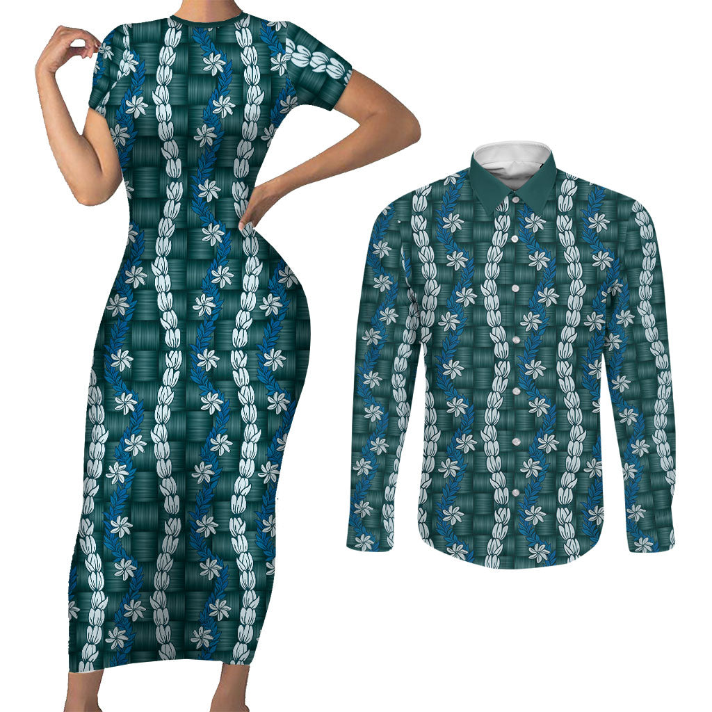 Pikake Maile Tiare Lei Couples Matching Short Sleeve Bodycon Dress and Long Sleeve Button Shirt Polu Lauhala Pattern
