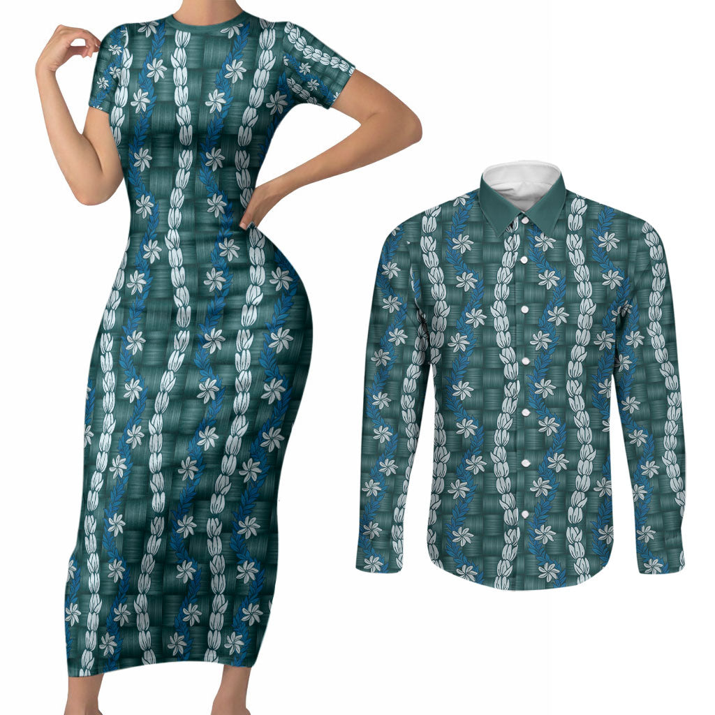 Pikake Maile Tiare Lei Couples Matching Short Sleeve Bodycon Dress and Long Sleeve Button Shirt Polu Lauhala Pattern LT01 Blue - Polynesian Pride