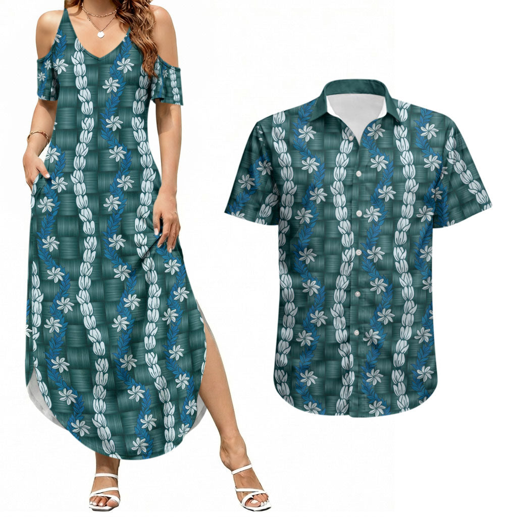 Pikake Maile Tiare Lei Couples Matching Summer Maxi Dress and Hawaiian Shirt Polu Lauhala Pattern LT01 Blue - Polynesian Pride