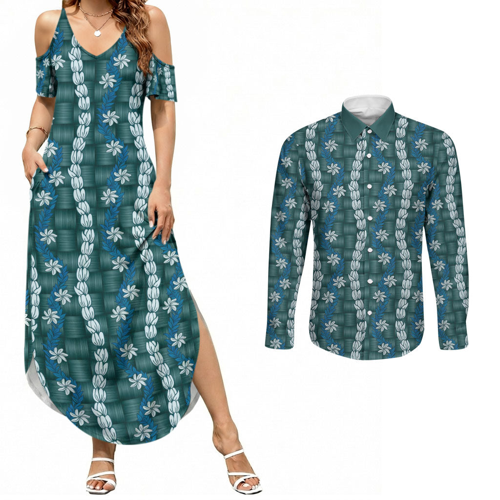 Pikake Maile Tiare Lei Couples Matching Summer Maxi Dress and Long Sleeve Button Shirt Polu Lauhala Pattern LT01 Blue - Polynesian Pride
