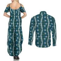 Pikake Maile Tiare Lei Couples Matching Summer Maxi Dress and Long Sleeve Button Shirt Polu Lauhala Pattern