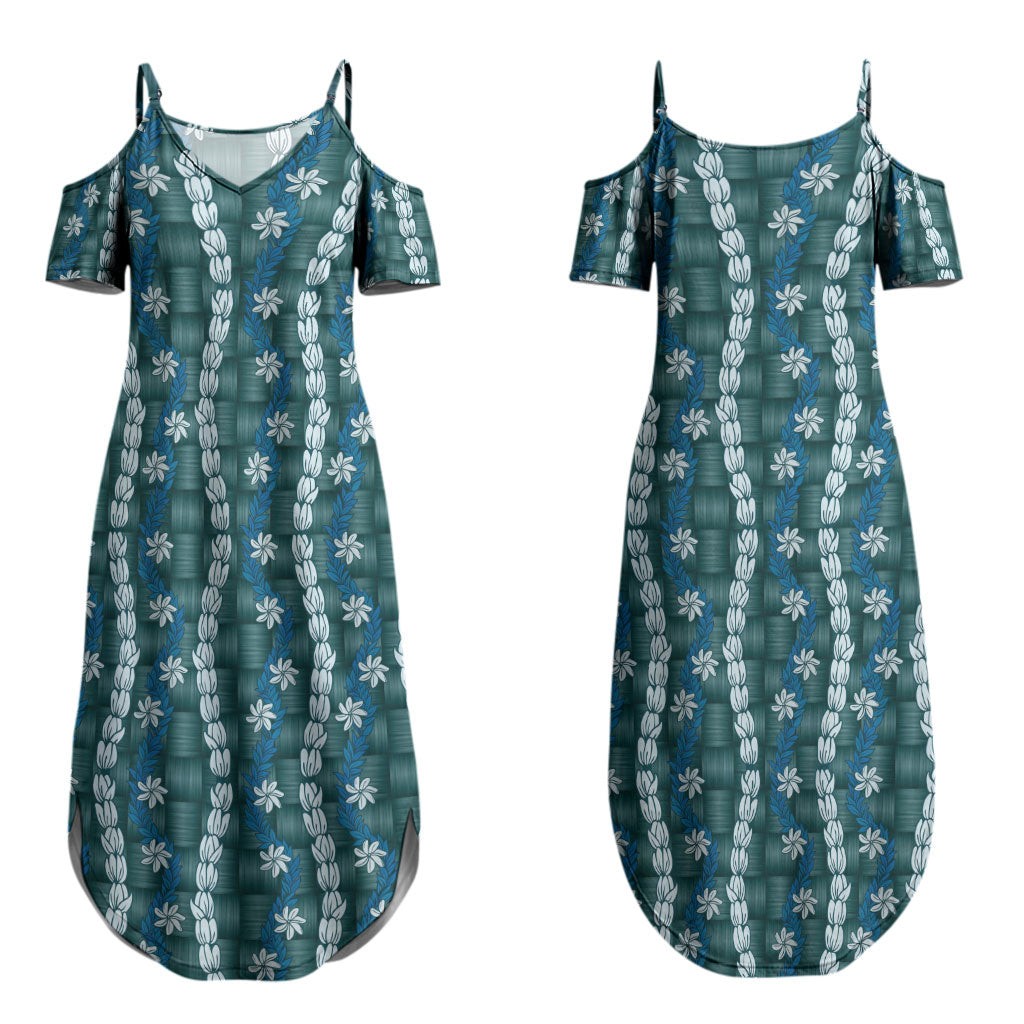 Pikake Maile Tiare Lei Couples Matching Summer Maxi Dress and Long Sleeve Button Shirt Polu Lauhala Pattern LT01 - Polynesian Pride