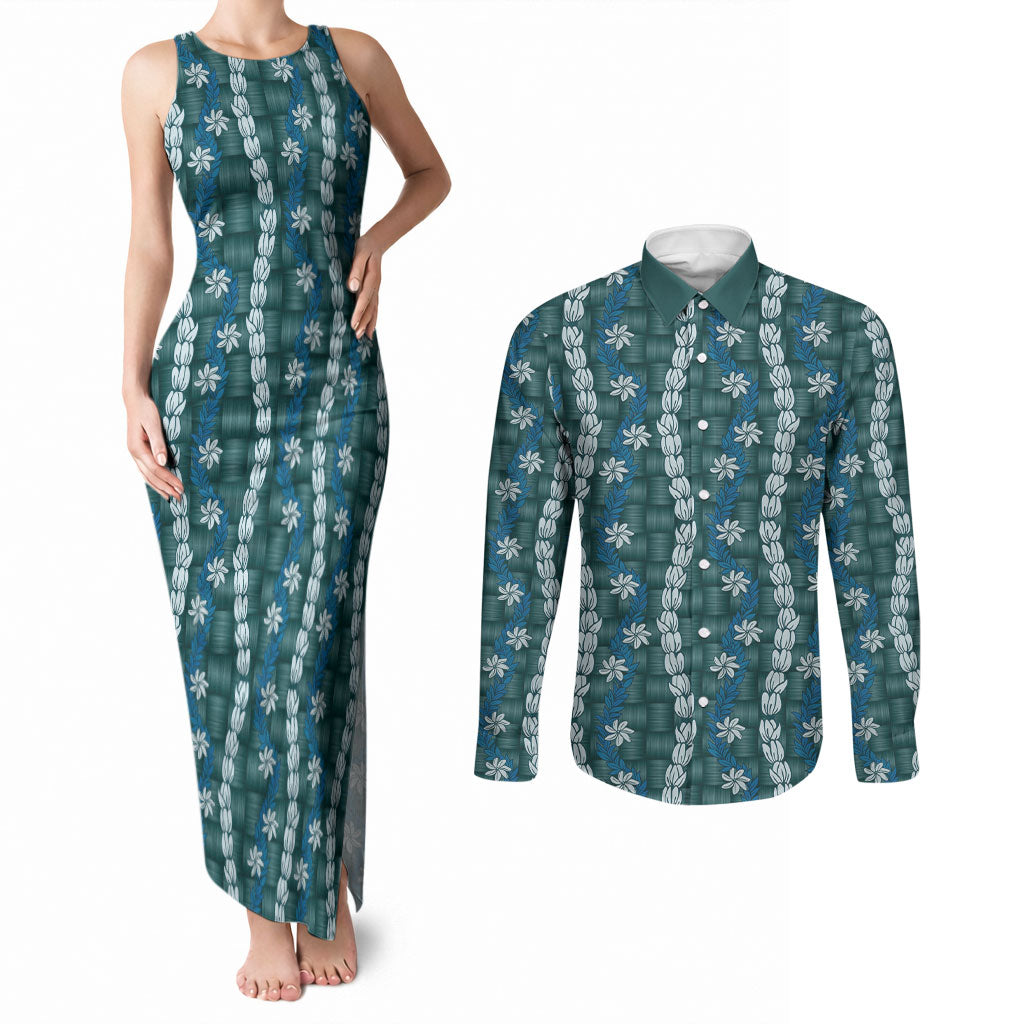 Pikake Maile Tiare Lei Couples Matching Tank Maxi Dress and Long Sleeve Button Shirt Polu Lauhala Pattern LT01 Blue - Polynesian Pride