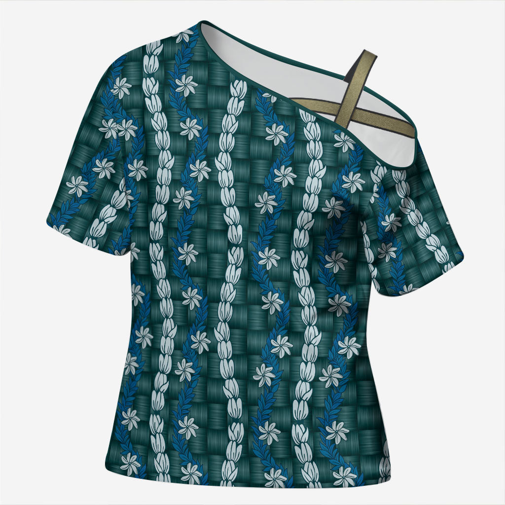 Pikake Maile Tiare Lei Cross Shoulder Shirt Polu Lauhala Pattern LT01 Female Blue - Polynesian Pride