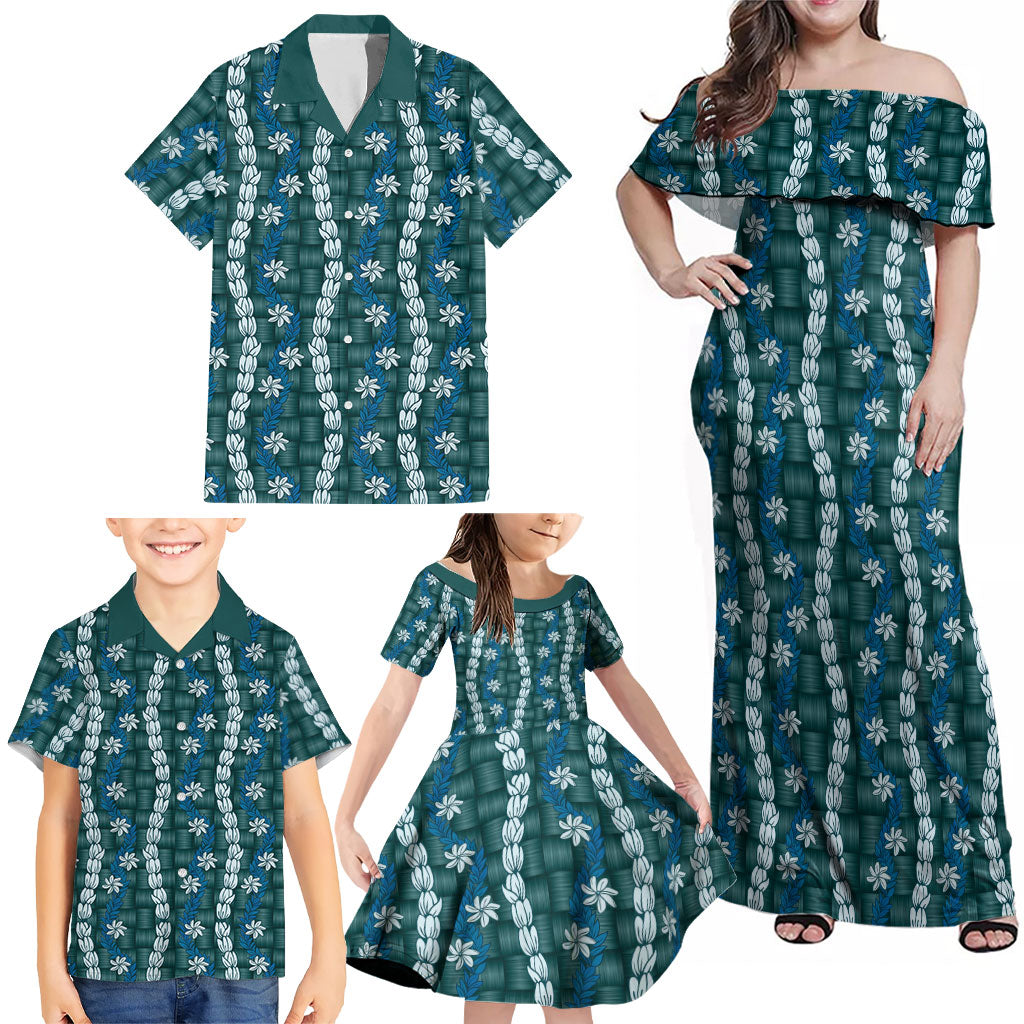 Pikake Maile Tiare Lei Family Matching Off Shoulder Maxi Dress and Hawaiian Shirt Polu Lauhala Pattern LT01 - Polynesian Pride