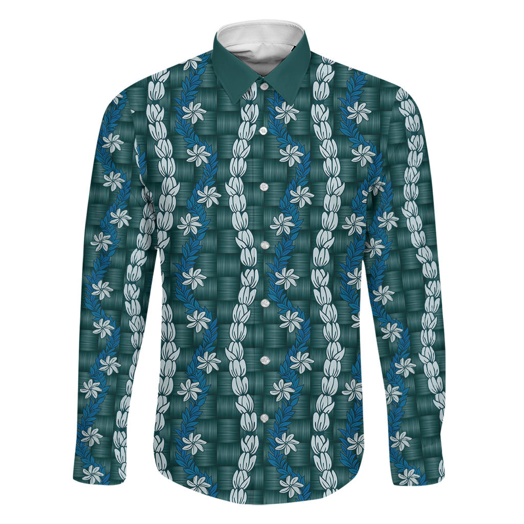 Pikake Maile Tiare Lei Family Matching Off Shoulder Maxi Dress and Hawaiian Shirt Polu Lauhala Pattern LT01 Dad's Shirt - Long Sleeve Blue - Polynesian Pride