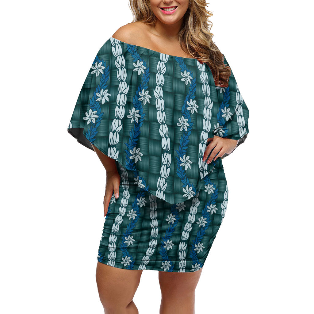 Pikake Maile Tiare Lei Family Matching Off Shoulder Short Dress and Hawaiian Shirt Polu Lauhala Pattern LT01 Mom's Dress Blue - Polynesian Pride