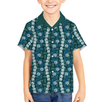 Pikake Maile Tiare Lei Family Matching Off Shoulder Short Dress and Hawaiian Shirt Polu Lauhala Pattern LT01 Son's Shirt Blue - Polynesian Pride