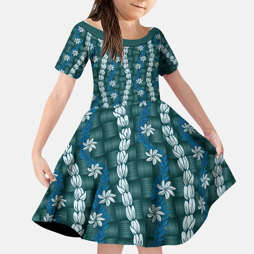 Pikake Maile Tiare Lei Family Matching Tank Maxi Dress and Hawaiian Shirt Polu Lauhala Pattern LT01 Daughter's Dress Blue - Polynesian Pride