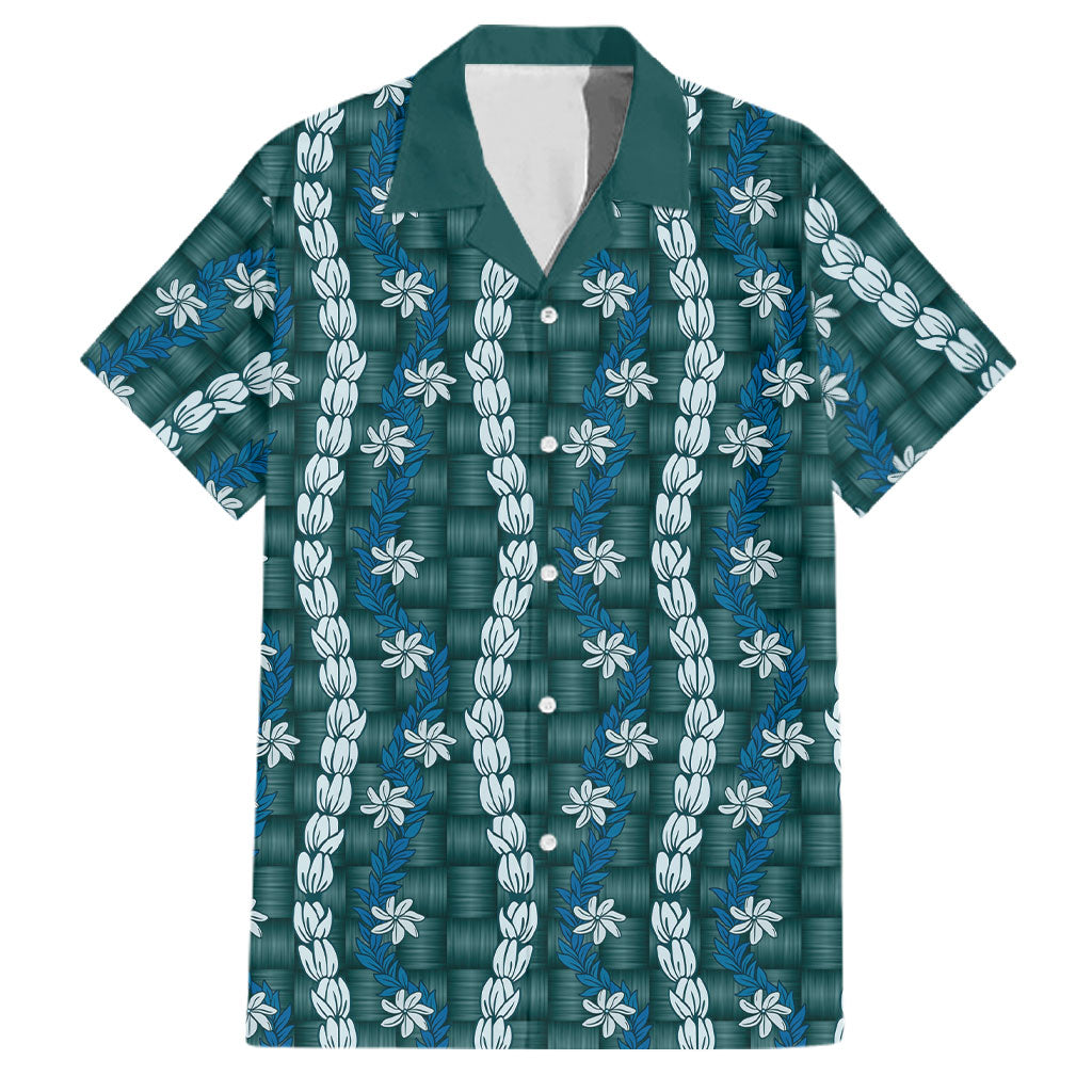 Pikake Maile Tiare Lei Family Matching Tank Maxi Dress and Hawaiian Shirt Polu Lauhala Pattern LT01 Dad's Shirt - Short Sleeve Blue - Polynesian Pride