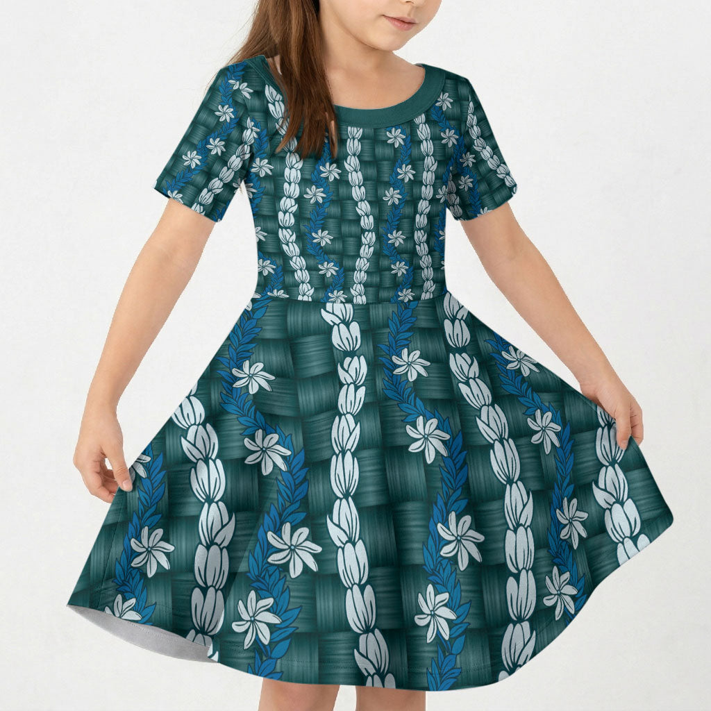Pikake Maile Tiare Lei Kid Short Sleeve Dress Polu Lauhala Pattern LT01 KID Blue - Polynesian Pride