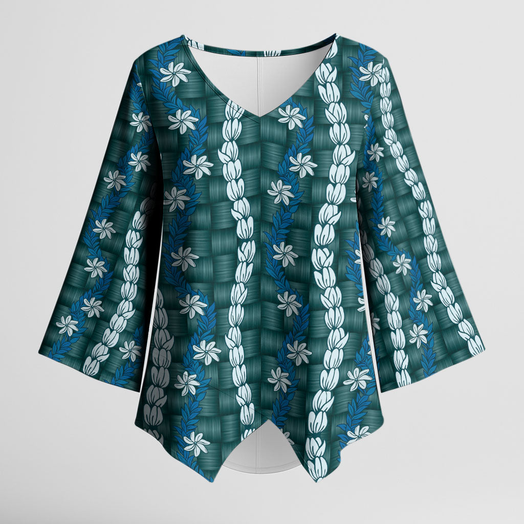 Pikake Maile Tiare Lei Kimono Sleeve Blouse Polu Lauhala Pattern LT01 Female Blue - Polynesian Pride