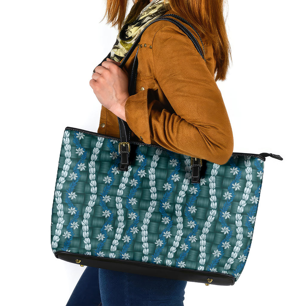 Pikake Maile Tiare Lei Leather Tote Bag Polu Lauhala Pattern LT01 Blue - Polynesian Pride