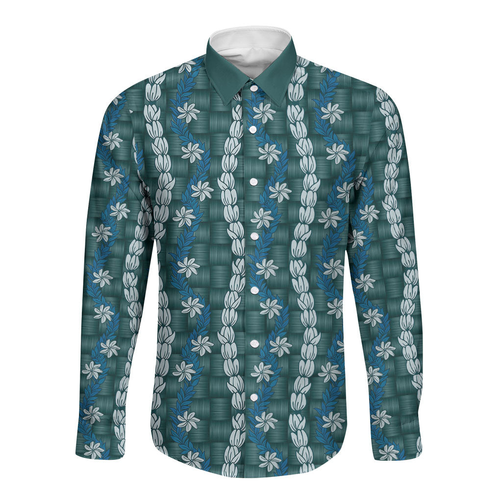Pikake Maile Tiare Lei Long Sleeve Button Shirt Polu Lauhala Pattern LT01 Unisex Blue - Polynesian Pride