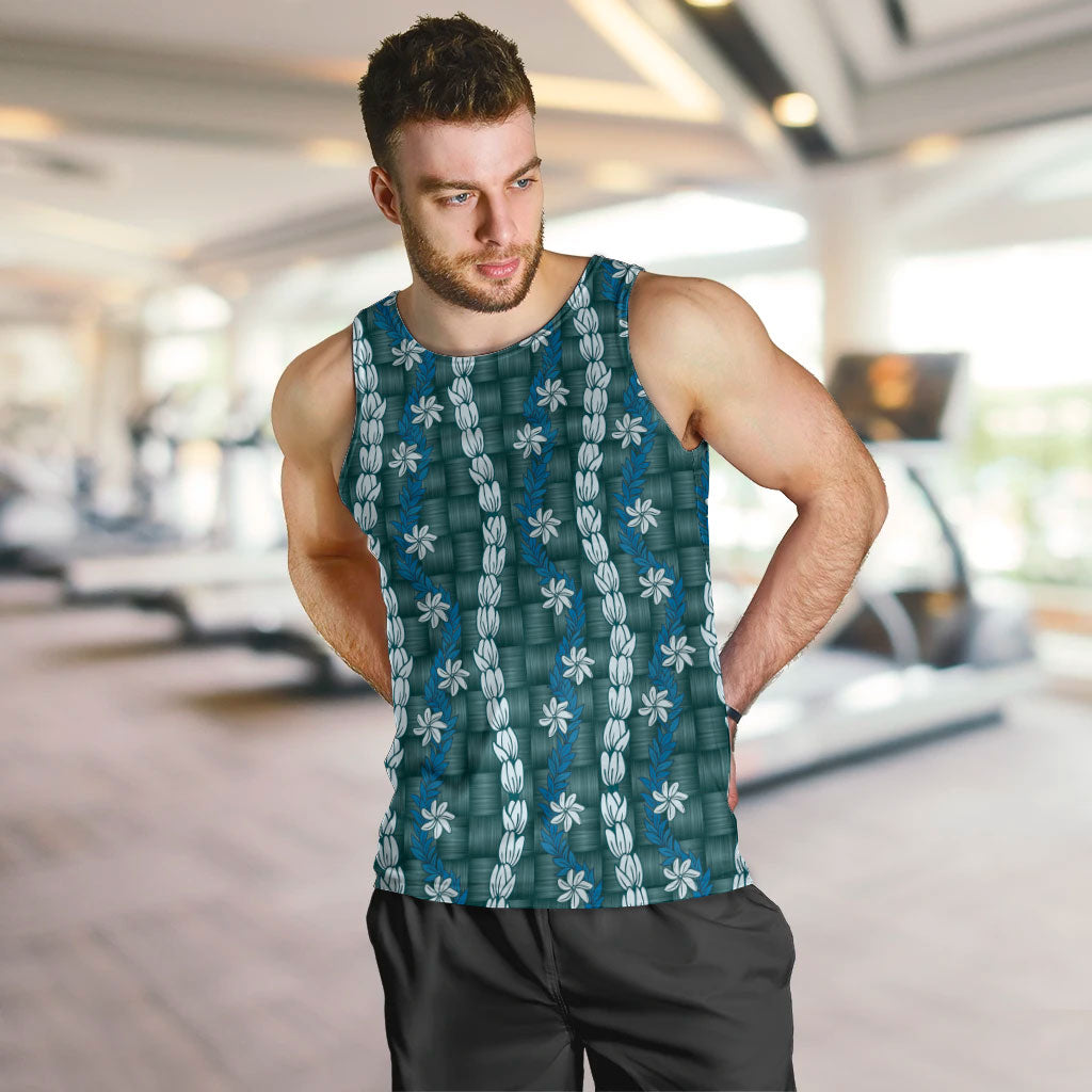 Pikake Maile Tiare Lei Men Tank Top Polu Lauhala Pattern LT01 Blue - Polynesian Pride