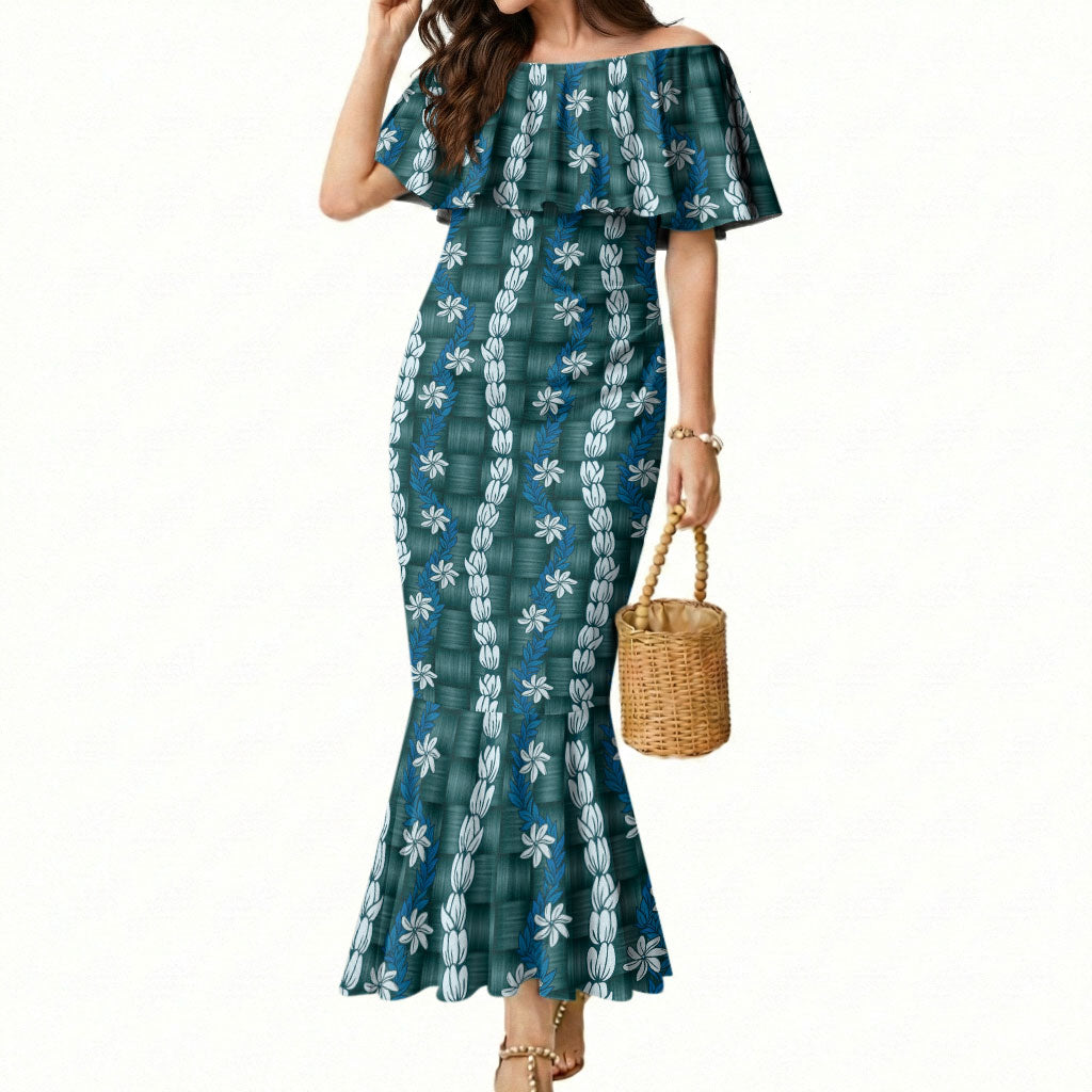 Pikake Maile Tiare Lei Mermaid Dress Polu Lauhala Pattern LT01 Women Blue - Polynesian Pride