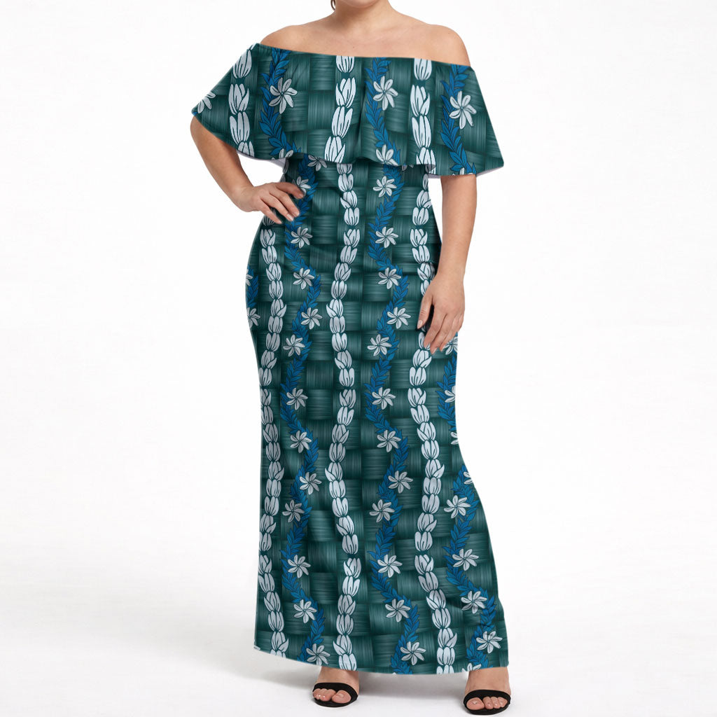 Pikake Maile Tiare Lei Off Shoulder Maxi Dress Polu Lauhala Pattern LT01 Women Blue - Polynesian Pride