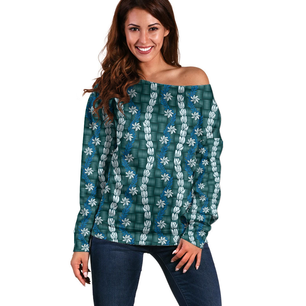 Pikake Maile Tiare Lei Off Shoulder Sweater Polu Lauhala Pattern LT01 Women Blue - Polynesian Pride