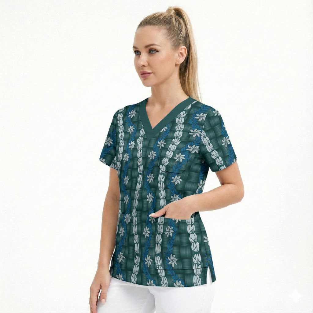 Pikake Maile Tiare Lei Scrub Top Polu Lauhala Pattern