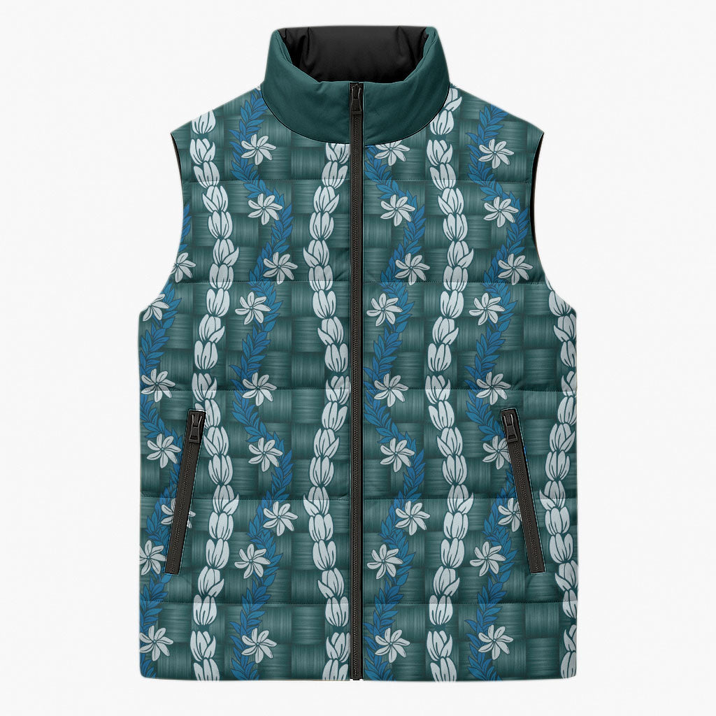 Pikake Maile Tiare Lei Sleeveless Puffer Jacket Polu Lauhala Pattern LT01 Unisex Blue - Polynesian Pride