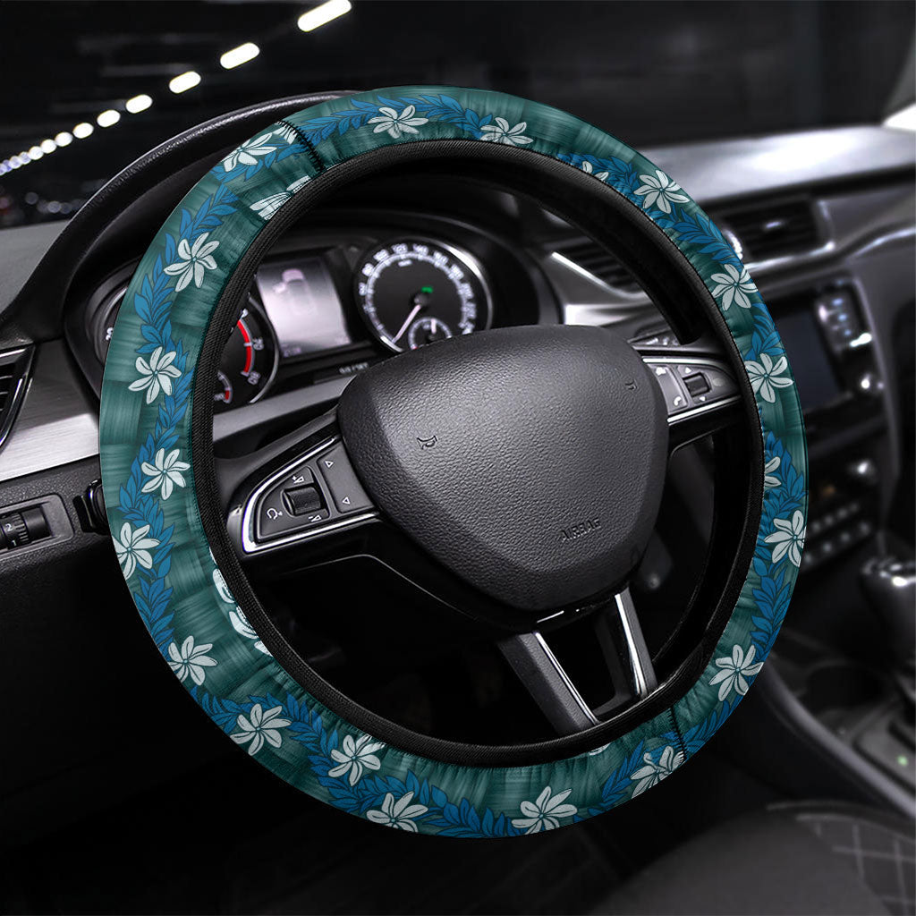 Pikake Maile Tiare Lei Steering Wheel Cover Polu Lauhala Pattern LT01 Universal Fit Blue - Polynesian Pride