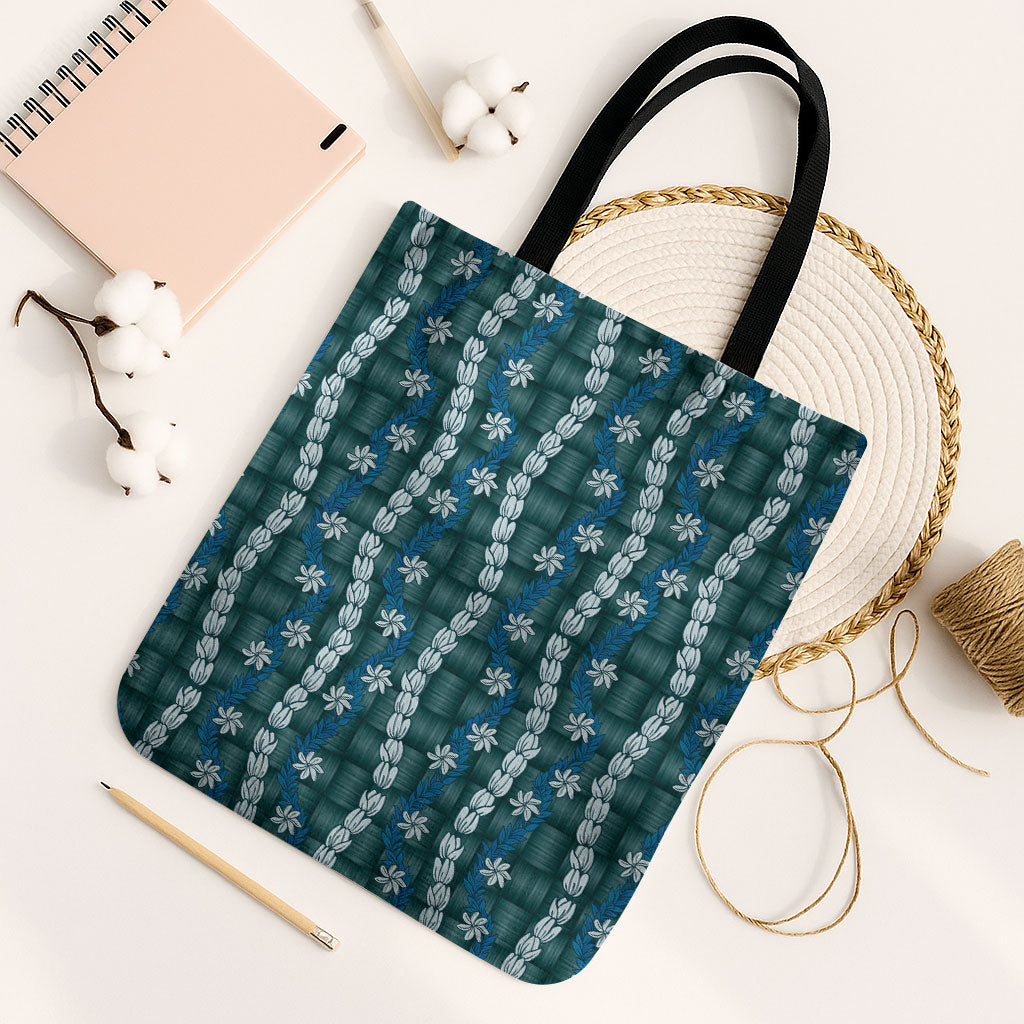 Pikake Maile Tiare Lei Tote Bag Polu Lauhala Pattern LT01 Black Strap One Size Blue - Polynesian Pride