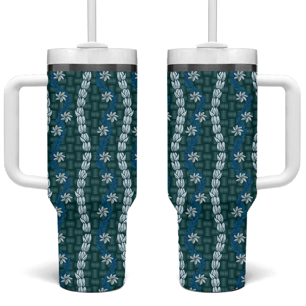Pikake Maile Tiare Lei Tumbler With Handle Polu Lauhala Pattern LT01 One Size: 40 oz Blue - Polynesian Pride