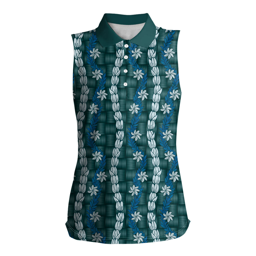 Pikake Maile Tiare Lei Women Sleeveless Polo Shirt Polu Lauhala Pattern LT01 Female Blue - Polynesian Pride