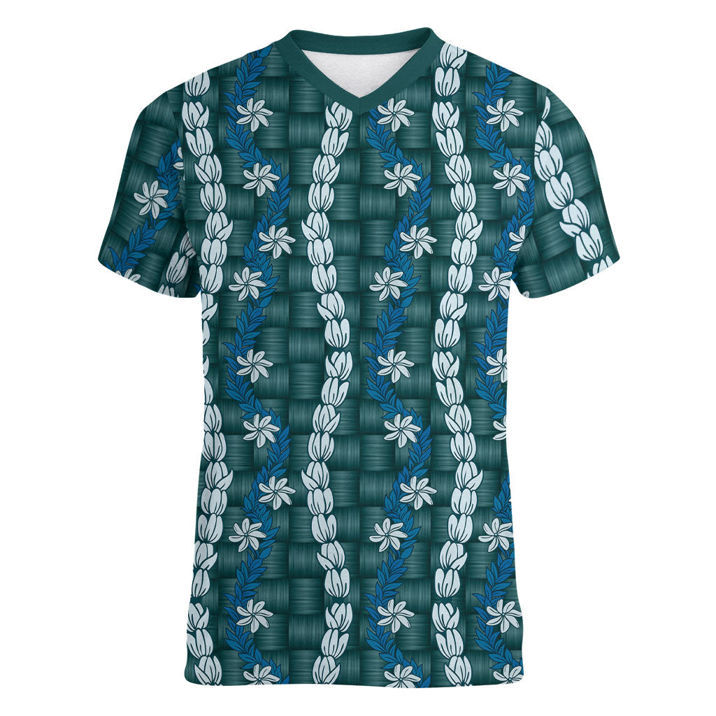 Pikake Maile Tiare Lei Women V-Neck T-Shirt Polu Lauhala Pattern LT01 Female Blue - Polynesian Pride