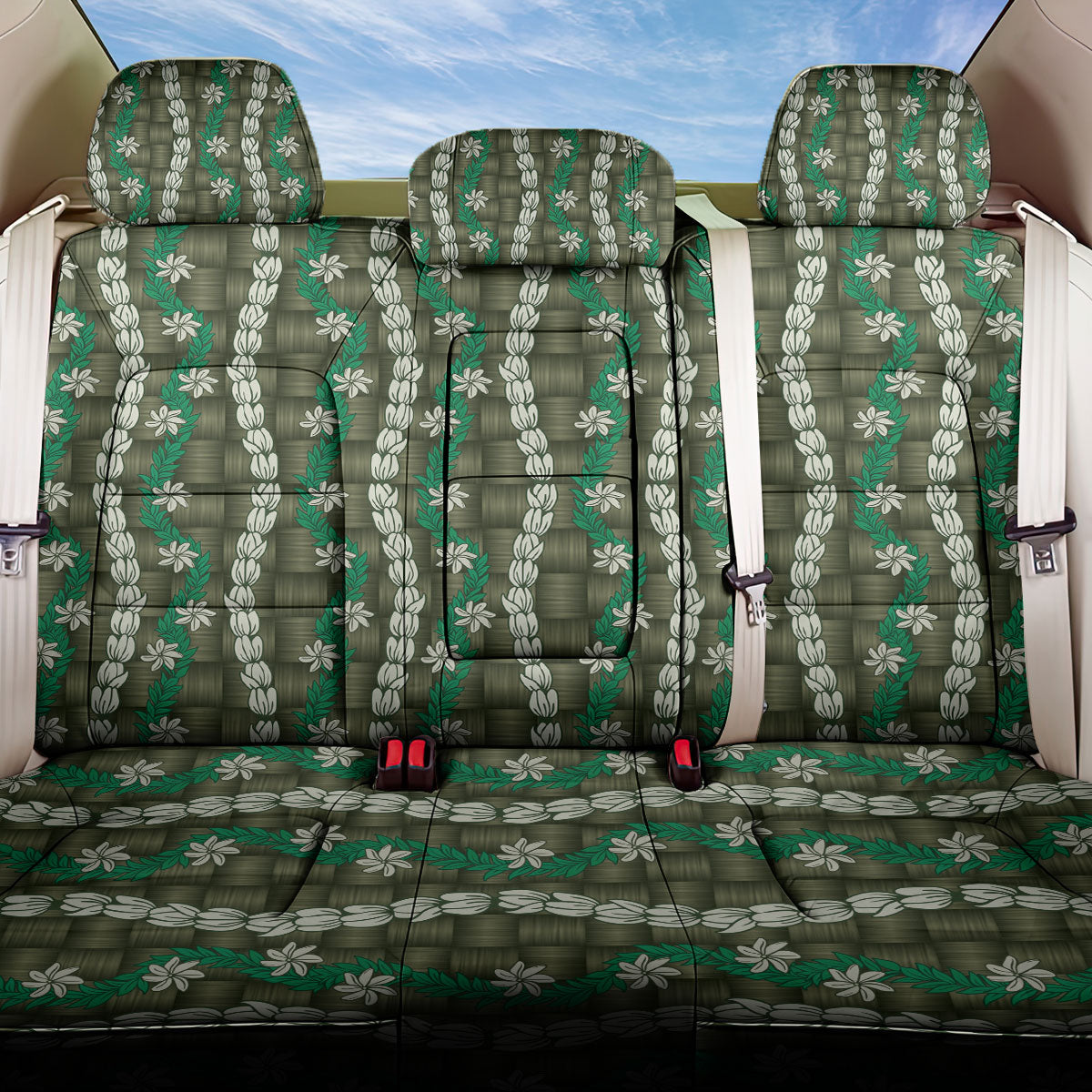 Pikake Maile Tiare Lei Back Car Seat Cover Omaomao Lauhala Pattern LT01 One Size Green - Polynesian Pride