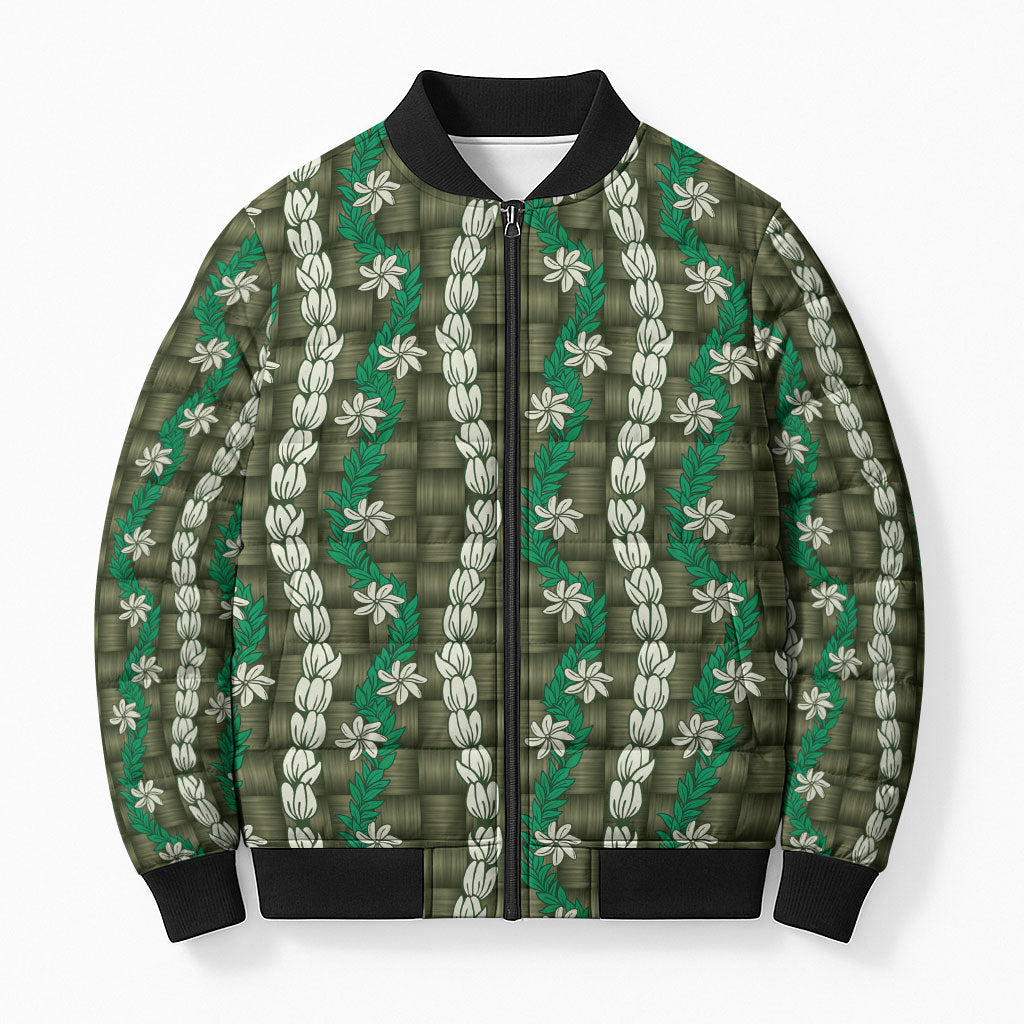 Pikake Maile Tiare Lei Bomber Puffer Jacket Omaomao Lauhala Pattern