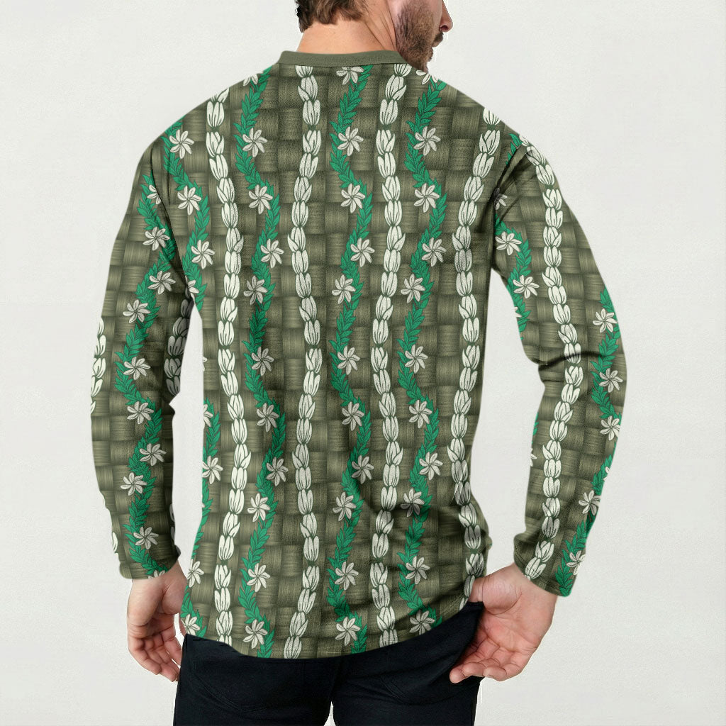 Pikake Maile Tiare Lei Button Sweatshirt Omaomao Lauhala Pattern