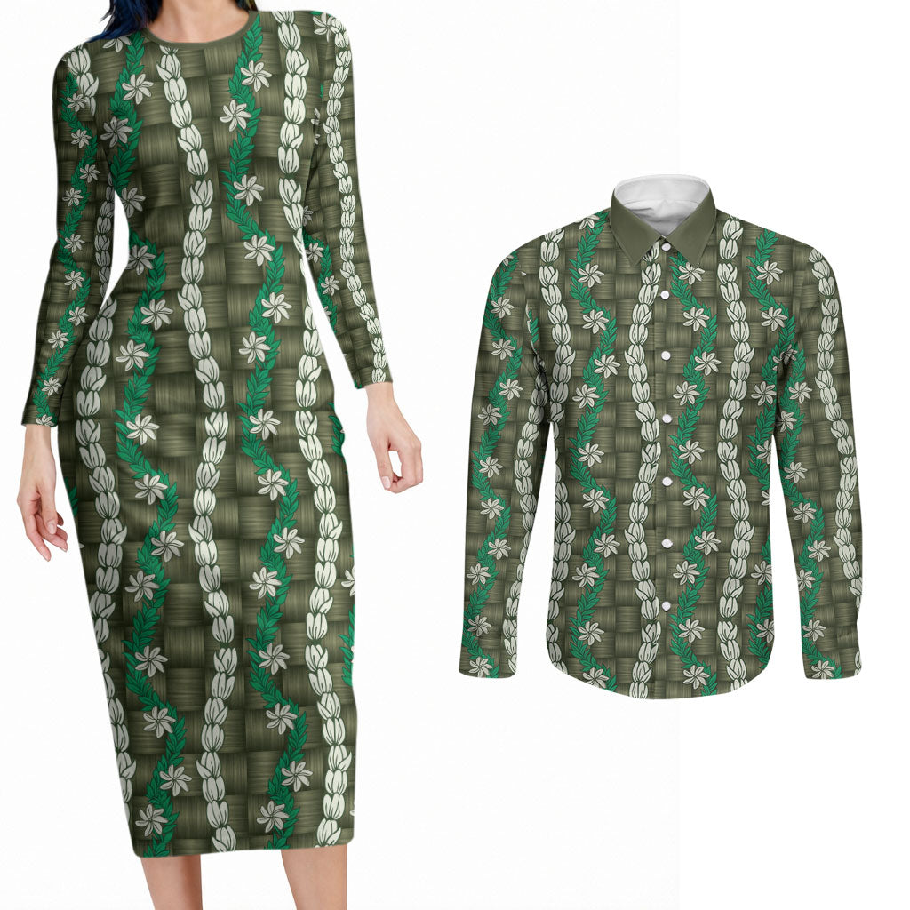 Pikake Maile Tiare Lei Couples Matching Long Sleeve Bodycon Dress and Long Sleeve Button Shirt Omaomao Lauhala Pattern LT01 Green - Polynesian Pride