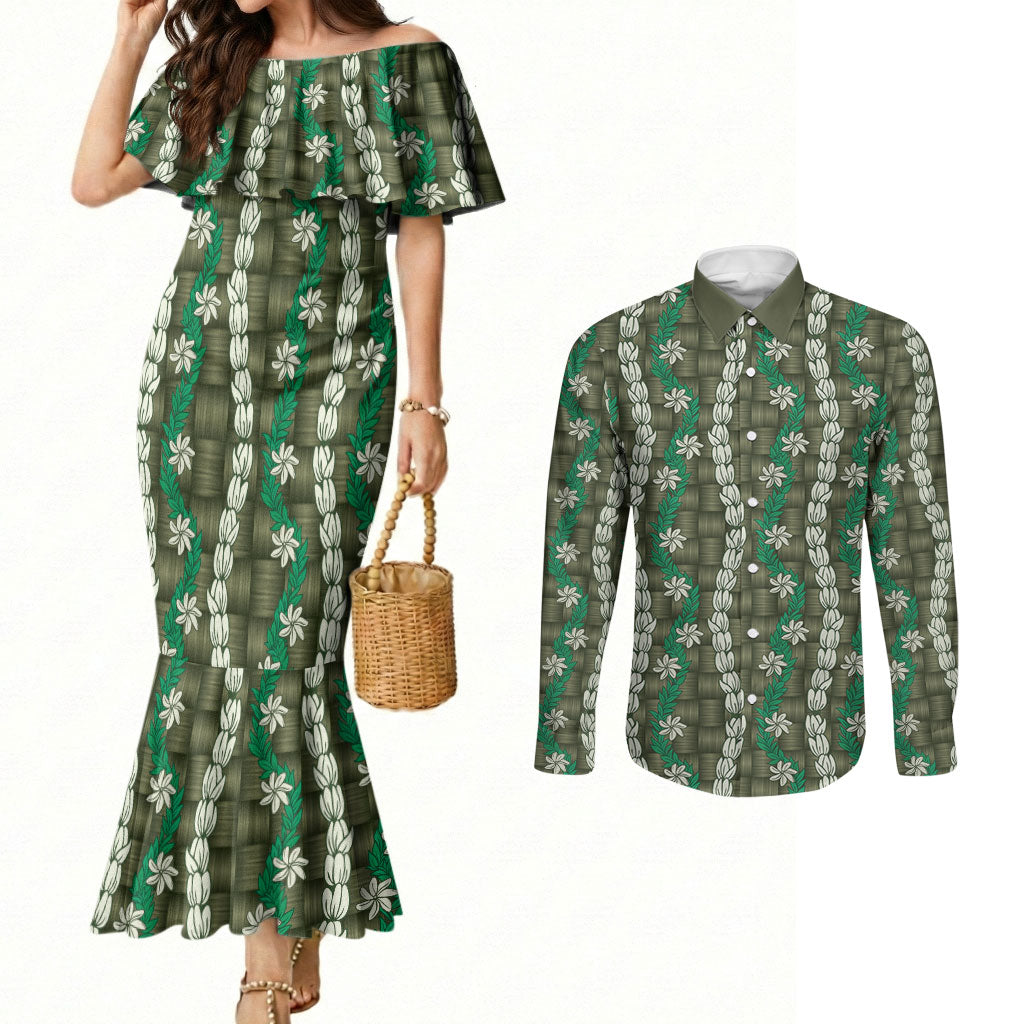Pikake Maile Tiare Lei Couples Matching Mermaid Dress and Long Sleeve Button Shirt Omaomao Lauhala Pattern LT01 Green - Polynesian Pride