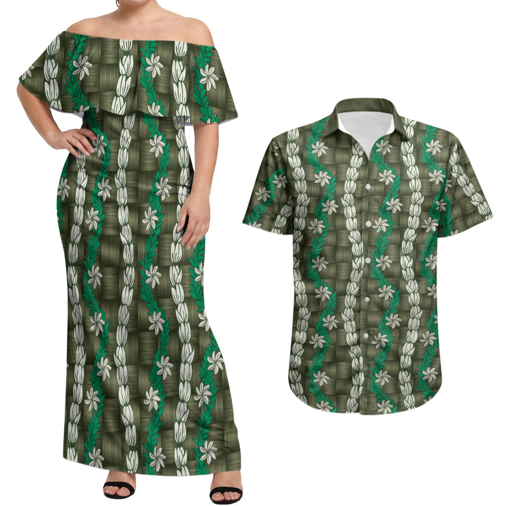 Pikake Maile Tiare Lei Couples Matching Off Shoulder Maxi Dress and Hawaiian Shirt Omaomao Lauhala Pattern LT01 Green - Polynesian Pride