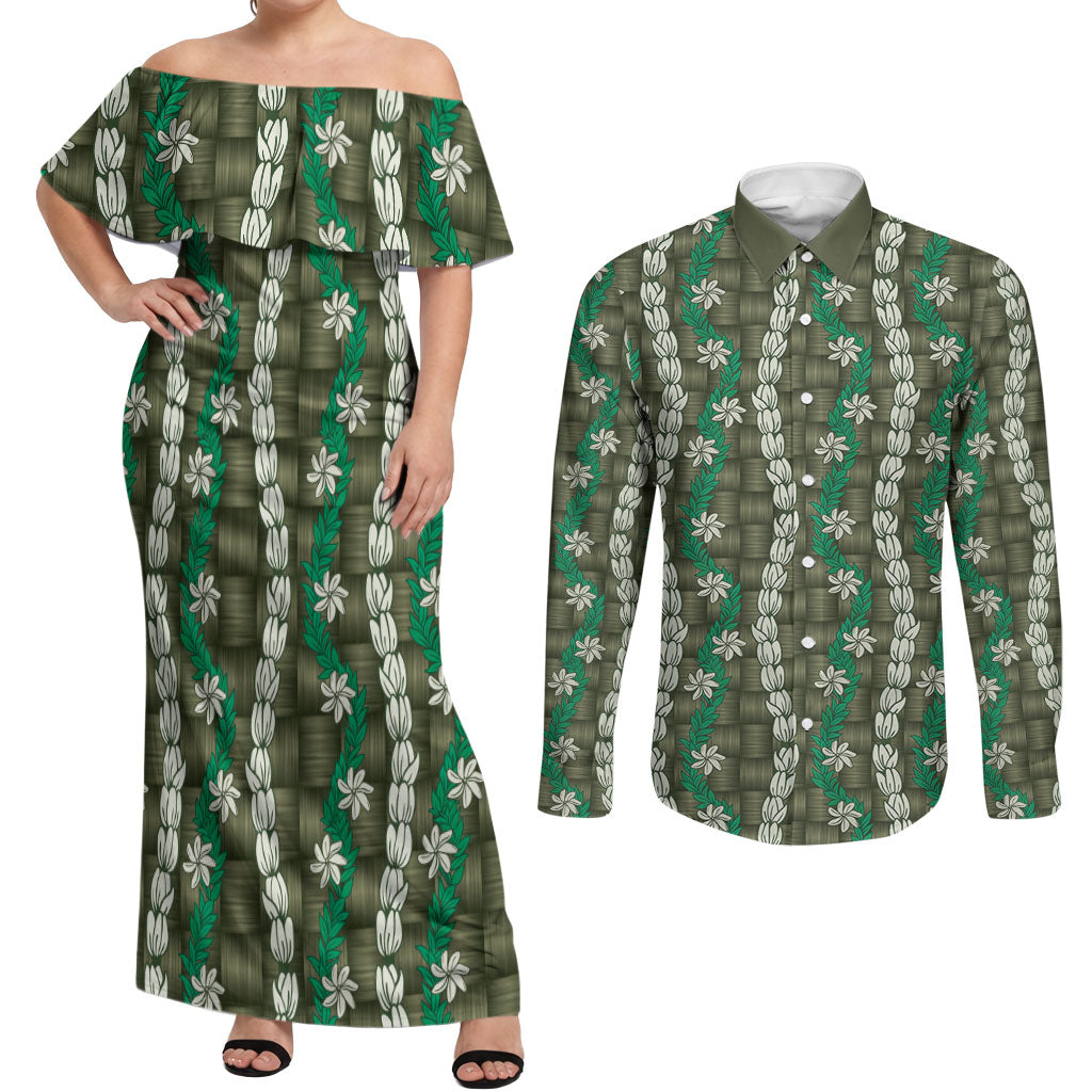 Pikake Maile Tiare Lei Couples Matching Off Shoulder Maxi Dress and Long Sleeve Button Shirt Omaomao Lauhala Pattern LT01 Green - Polynesian Pride