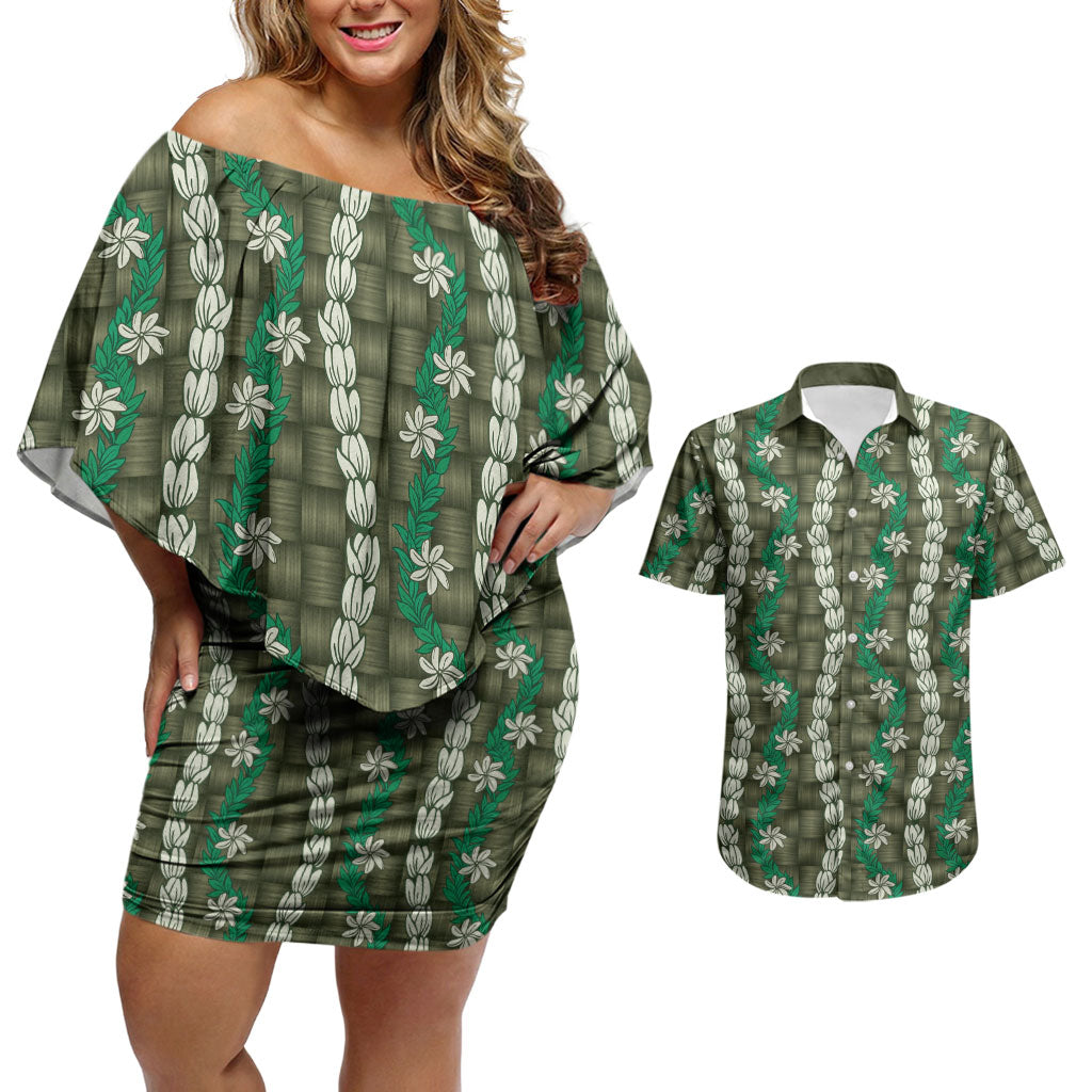 Pikake Maile Tiare Lei Couples Matching Off Shoulder Short Dress and Hawaiian Shirt Omaomao Lauhala Pattern LT01 Green - Polynesian Pride